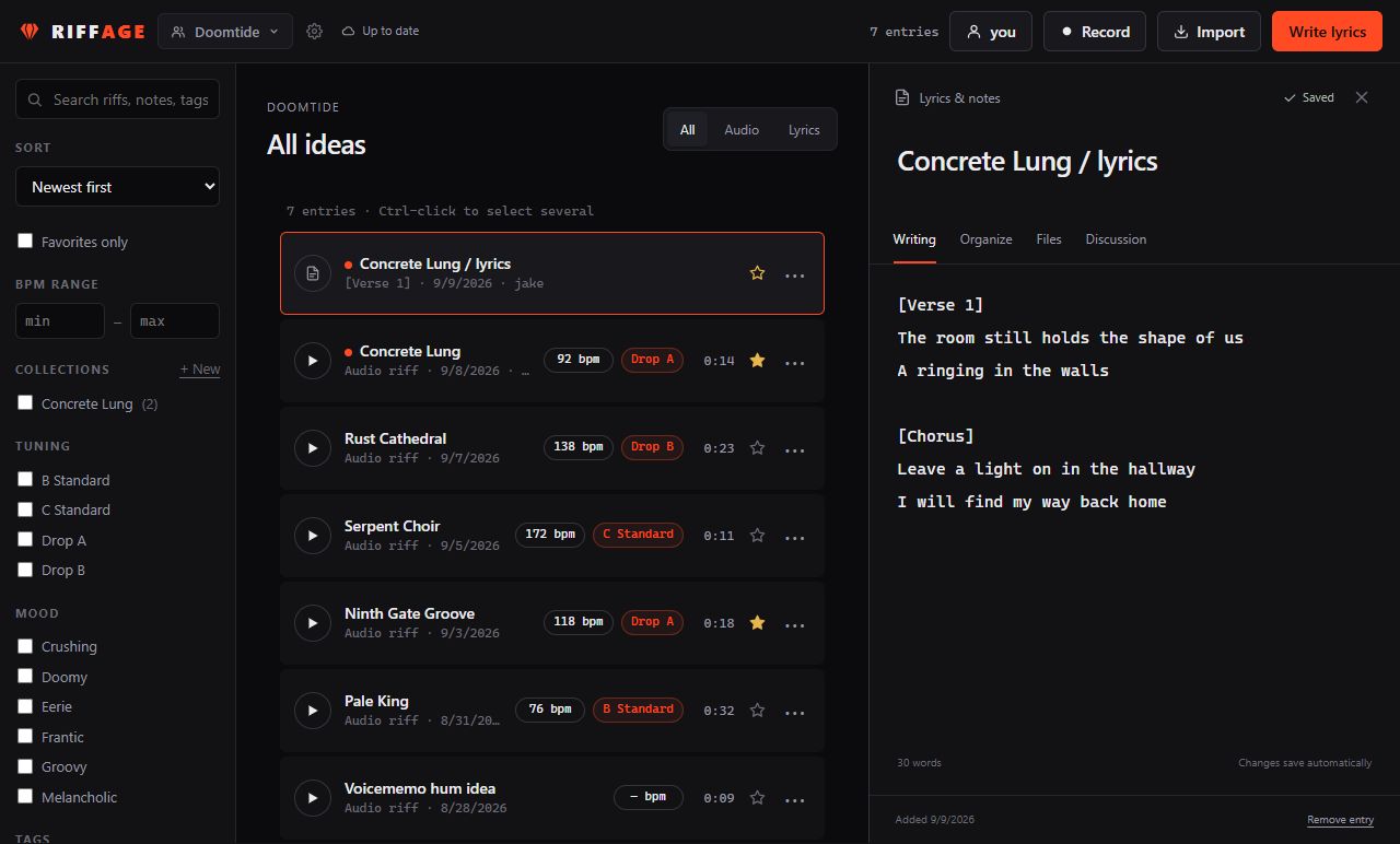 The Riffage library: riffs listed with tempo, tuning and tags