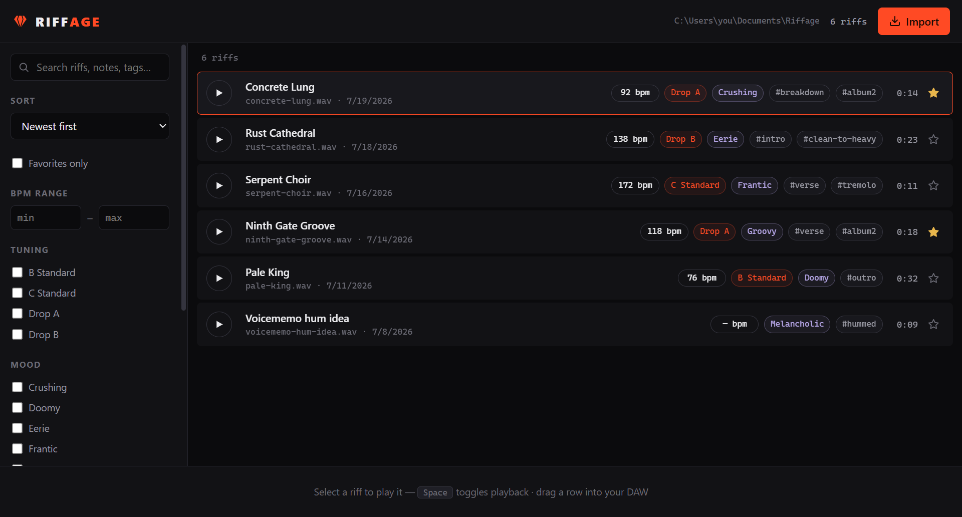 The Riffage library showing recorded riffs with their tempo, tuning and tags, next to a sidebar of filters.